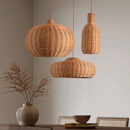 finns rattan pendant lights hanging on dining table