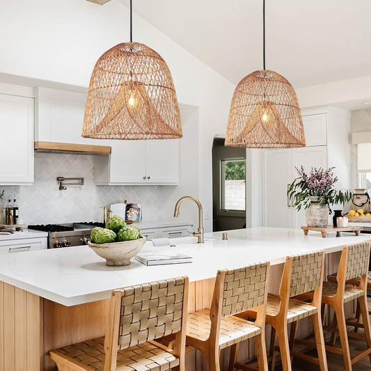 Kloe Woven Rattan Pendant Lights hanging over Kitchen Island