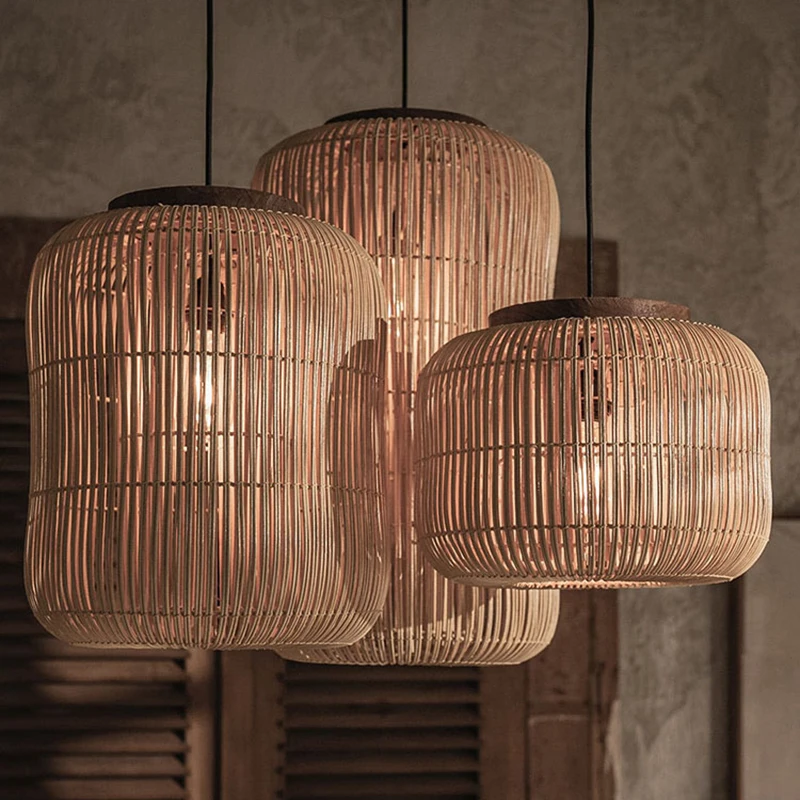 Black Rattan Barrel Hanging Lamp Fixtures