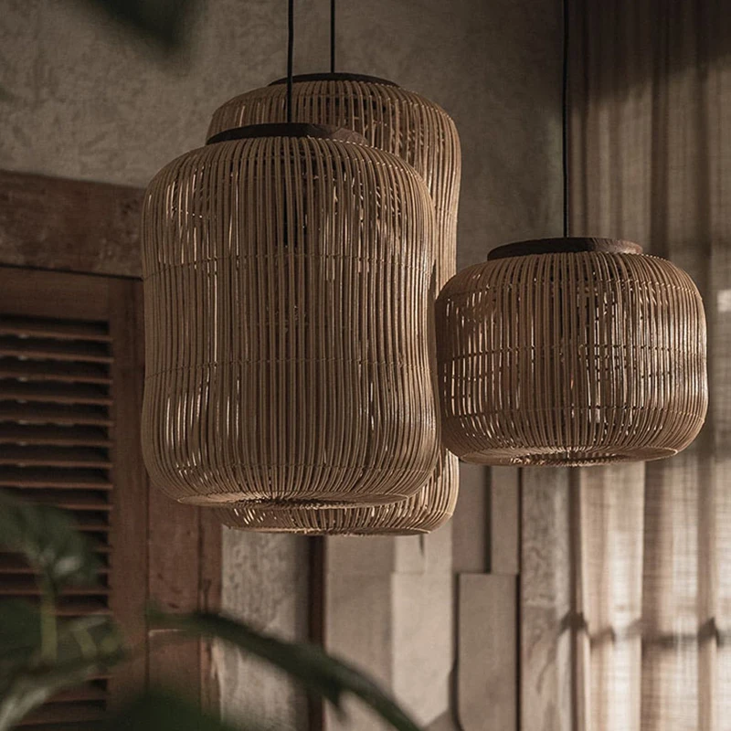 Black Rattan Barrel Hanging Lamp Fixtures