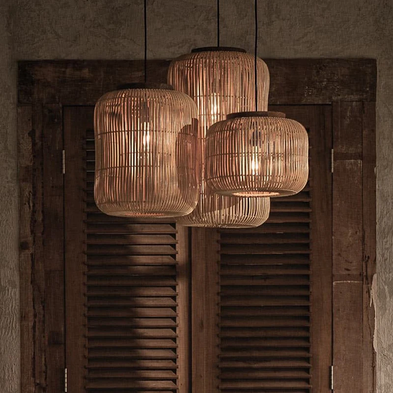 Black Rattan Barrel Hanging Lamp Fixtures