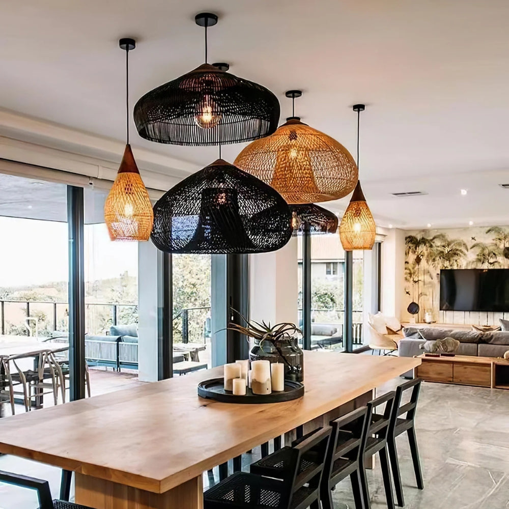 Bathari Wabi Sabi Rattan Hanging Light Fixtures over living room table