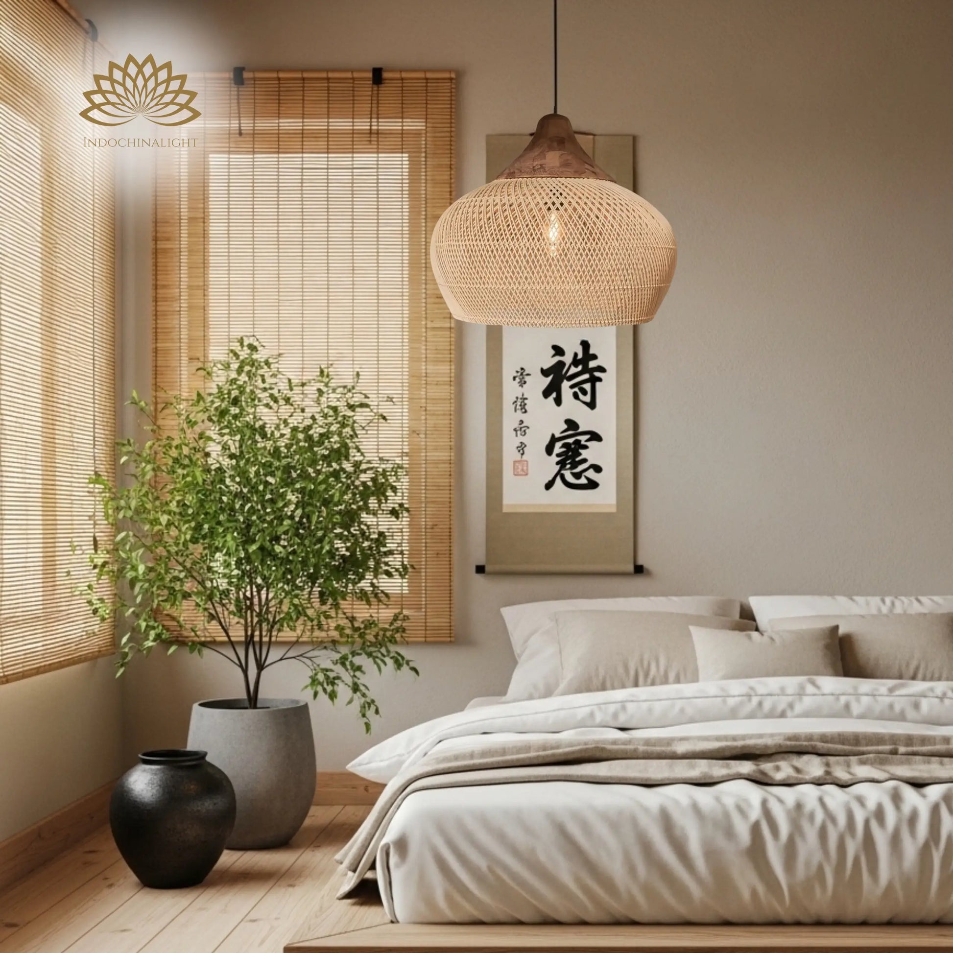 Bathari Wabi Sabi Rattan Pendant Light hanging in the bedroom