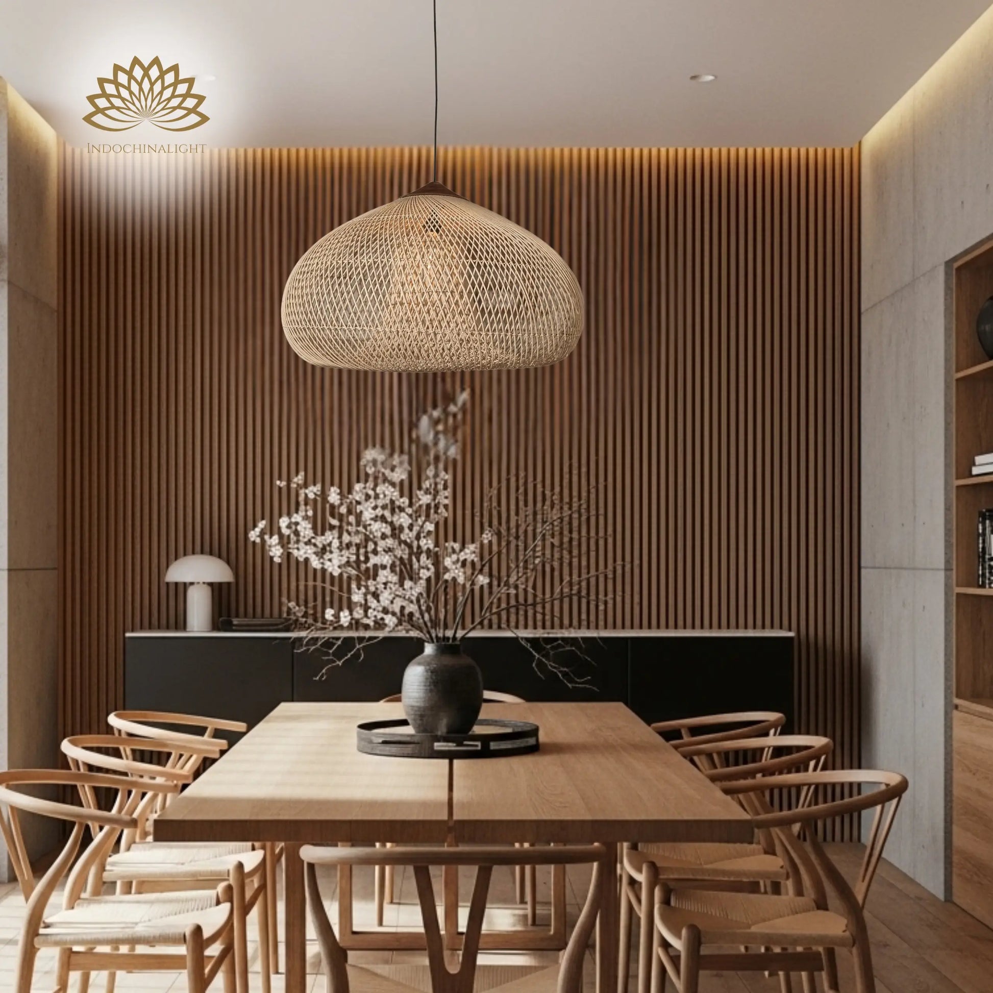 Bathari Wabi Sabi Rattan Pendant Light hanging over dining table