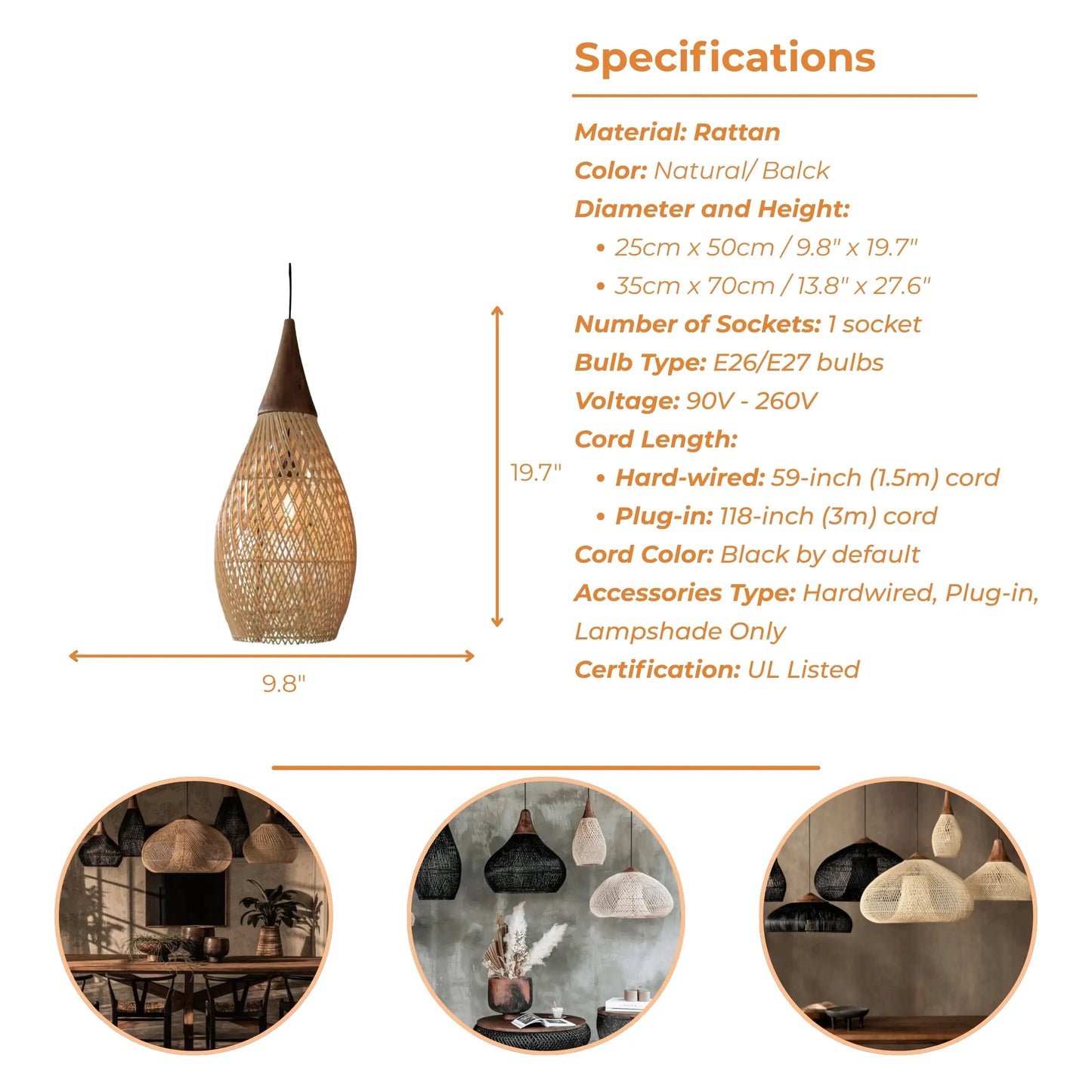 Bathari Wabi Sabi Rattan Pendant Light Style A Specifications