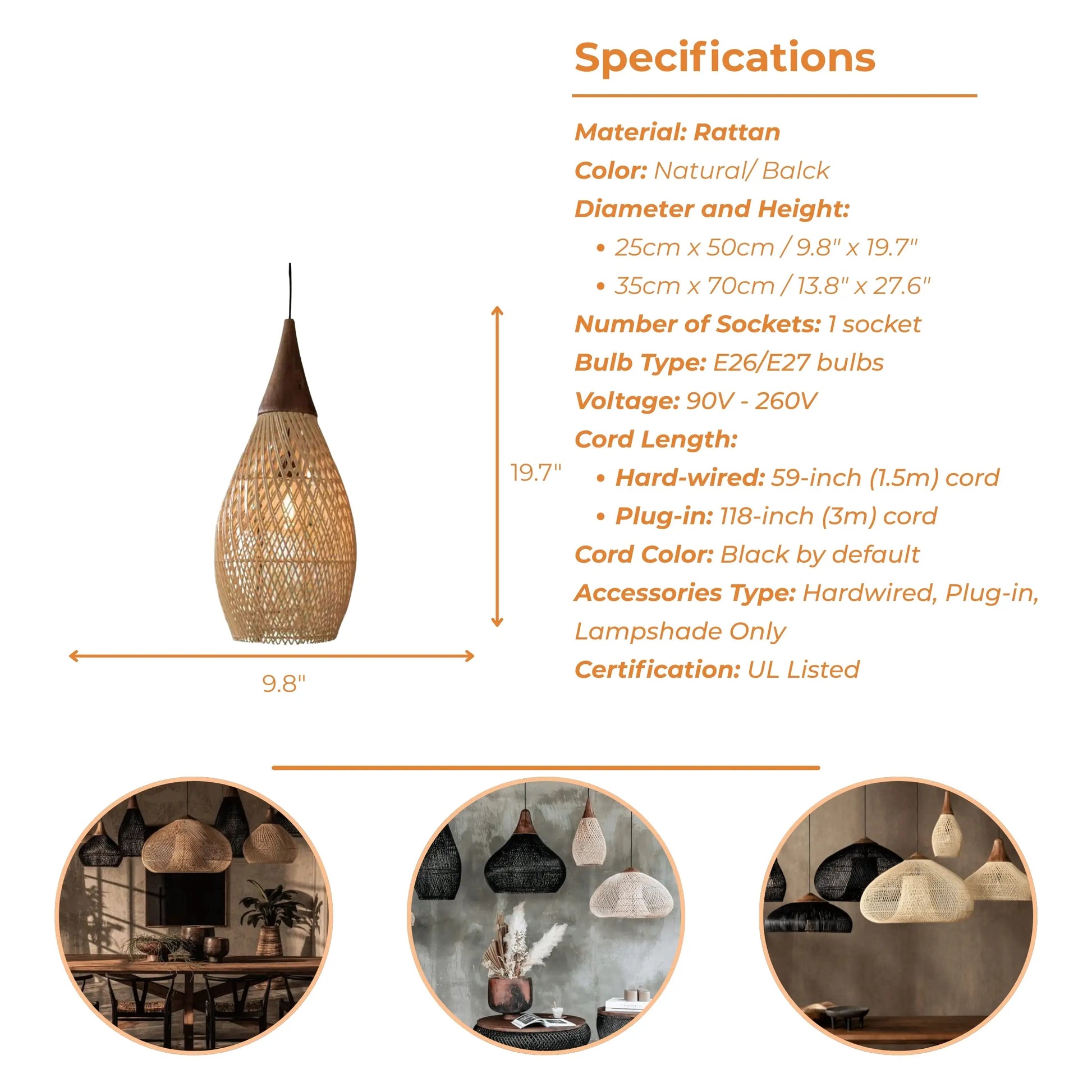 Bathari Wabi Sabi Rattan Pendant Light Style A Specifications