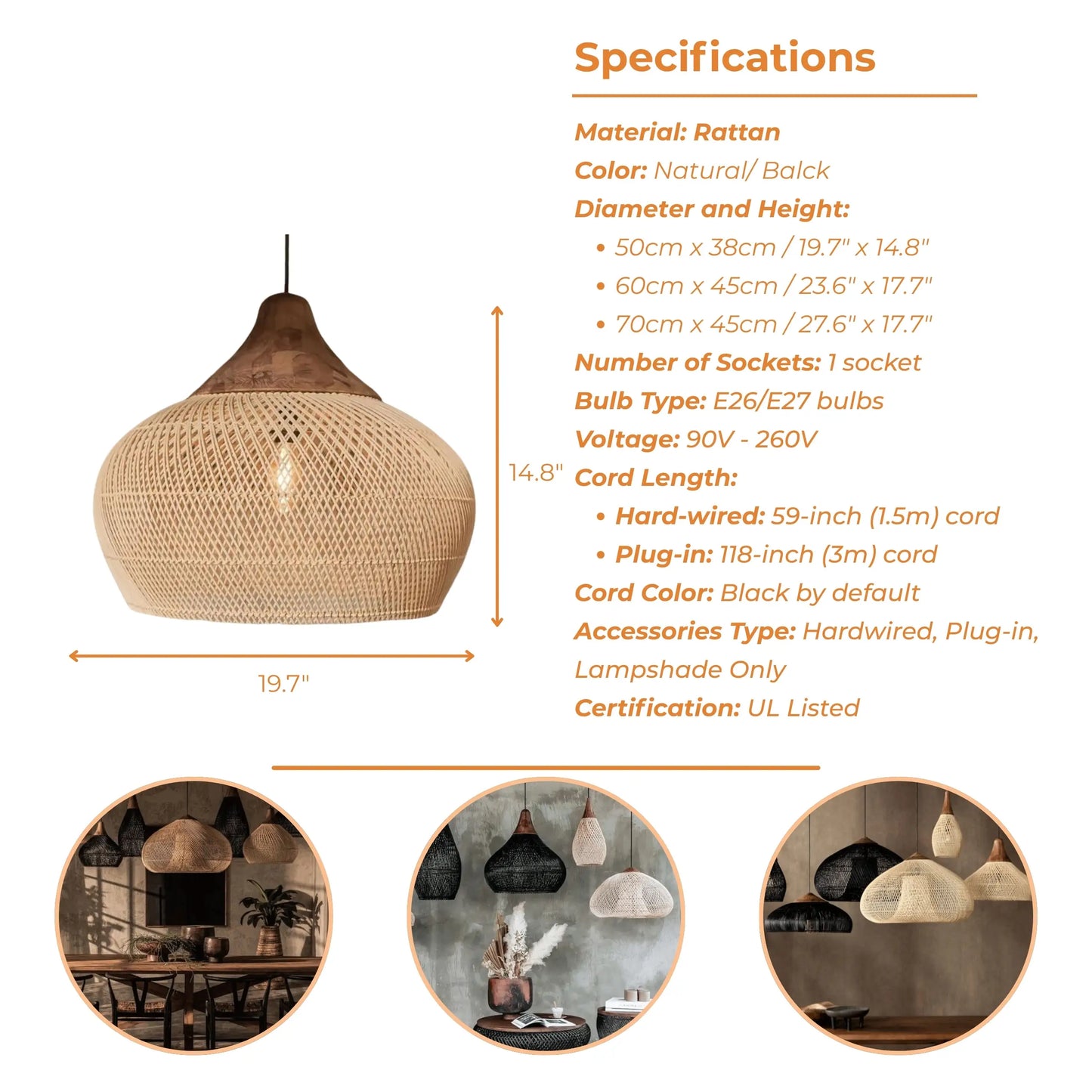 Bathari Wabi Sabi Rattan Pendant Light Style B Specifications