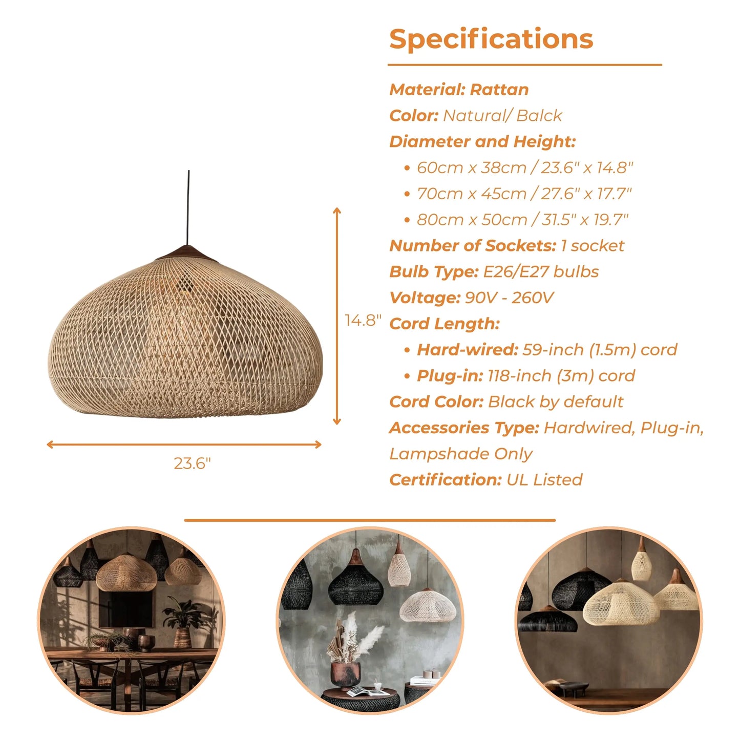 Bathari Wabi Sabi Rattan Pendant Light Style C Specifications