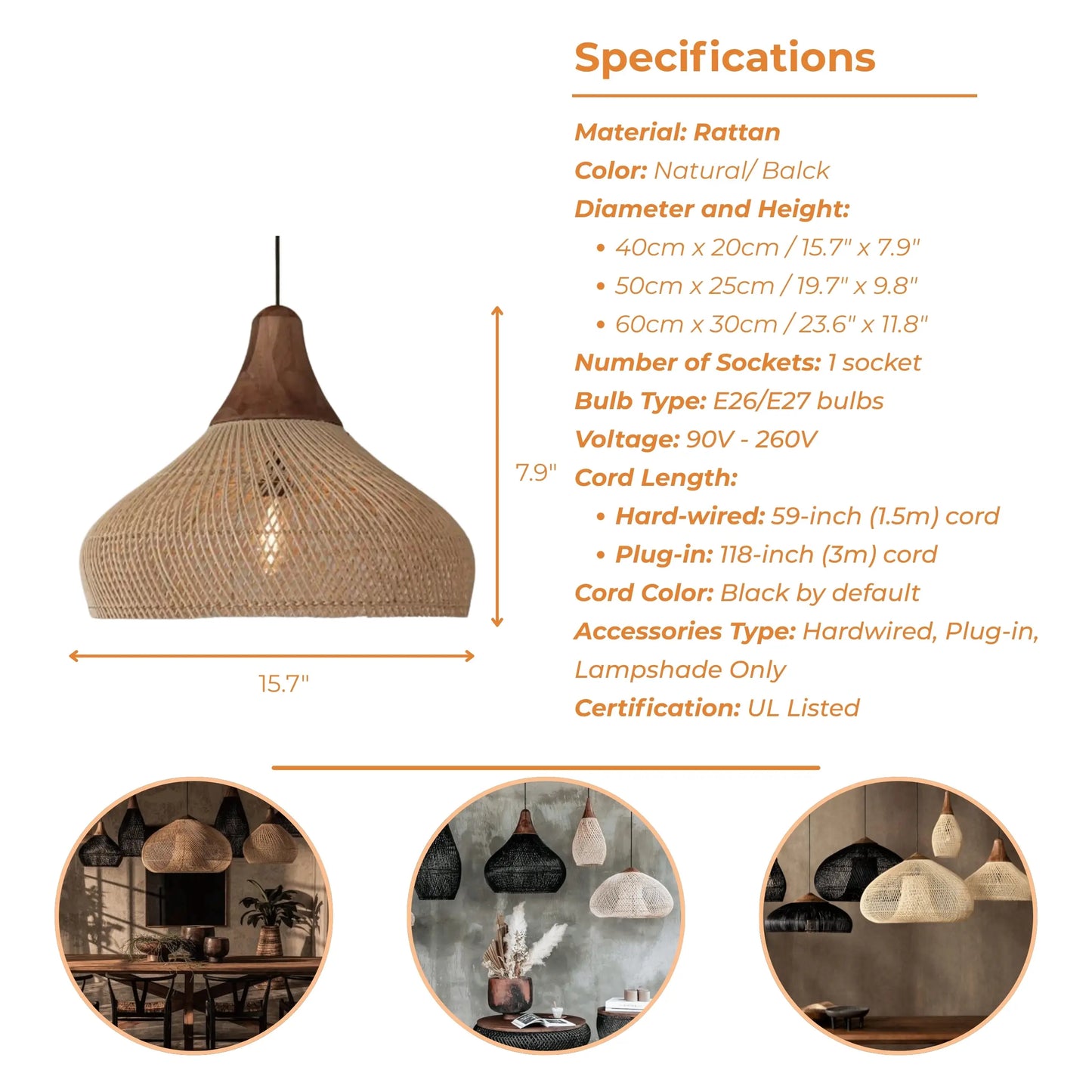 Bathari Wabi Sabi Rattan Pendant Light Style D Specifications