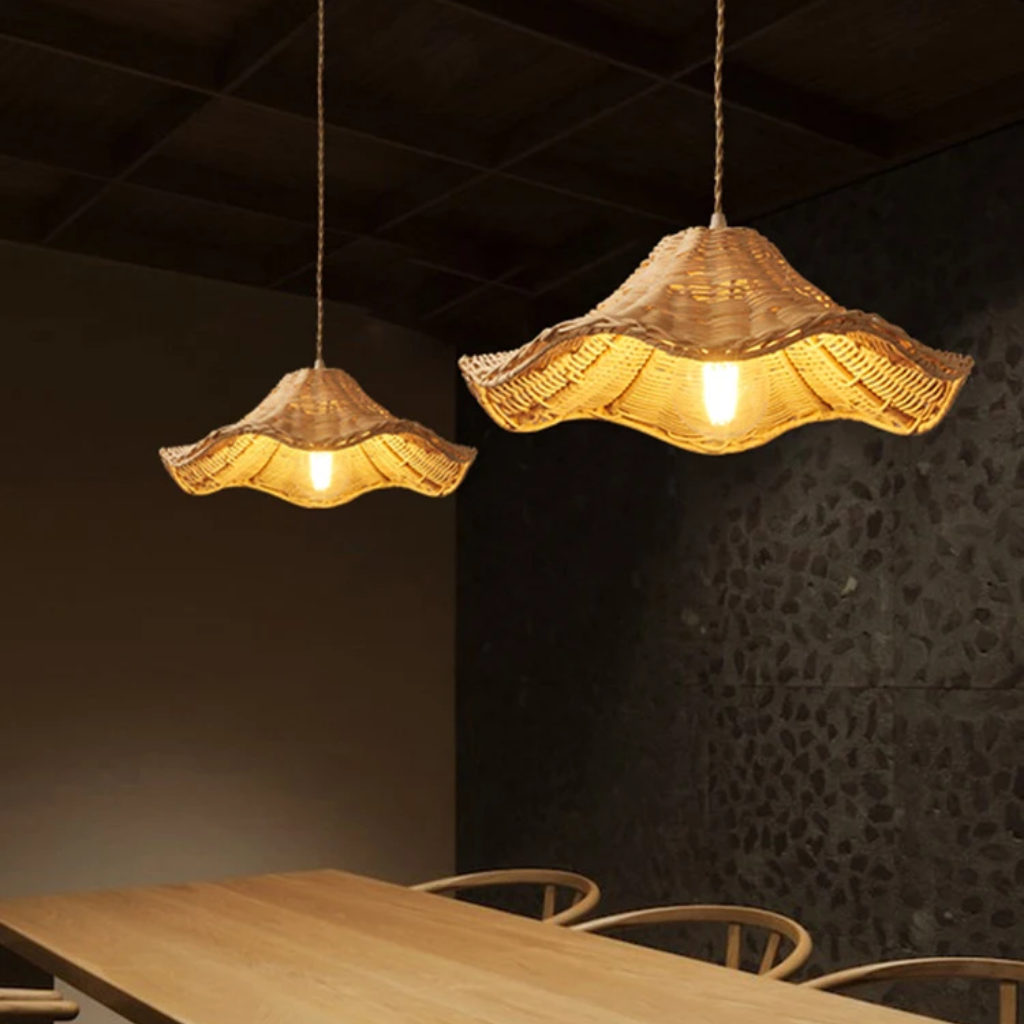 Boho Floral Rattan Pendant Light Wicker Shade for Dark Dining Room