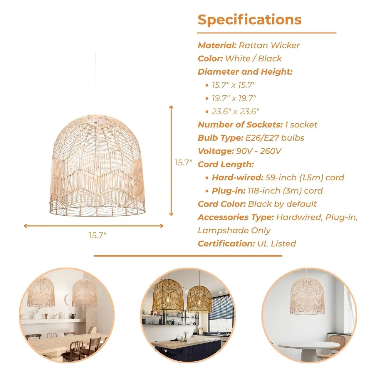 Boho Lace Rattan Pendant Light's specifications
