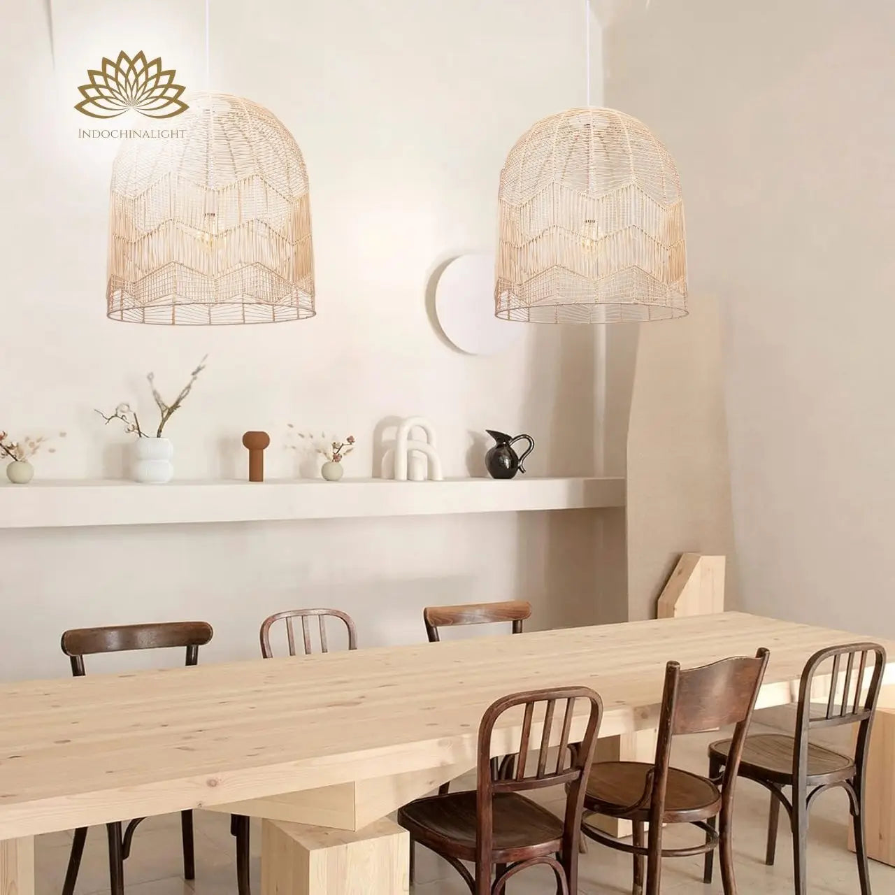 Boho Lace Rattan Pendant Lights hanging above dining table
