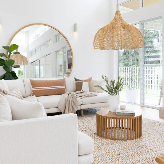 matador rattan pendant light fixture hanging in living room