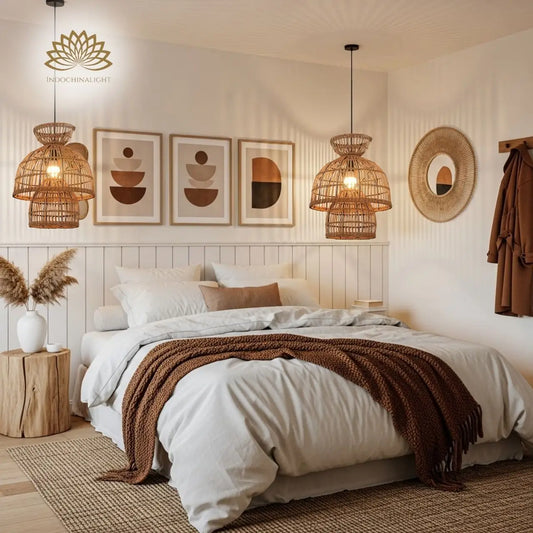 Boira II Rattan Pendant Fixture 16 Inches in bedroom