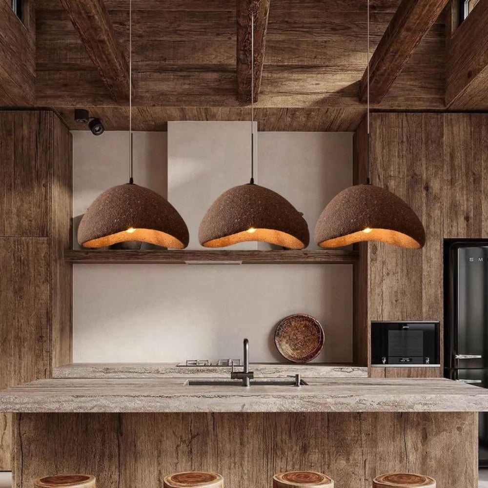 Japanese wabi sabi imitation stone hanging light above kitchen island