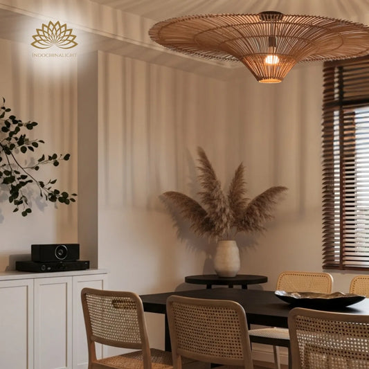 Oversized junita rattan ceiling lamp in dining room