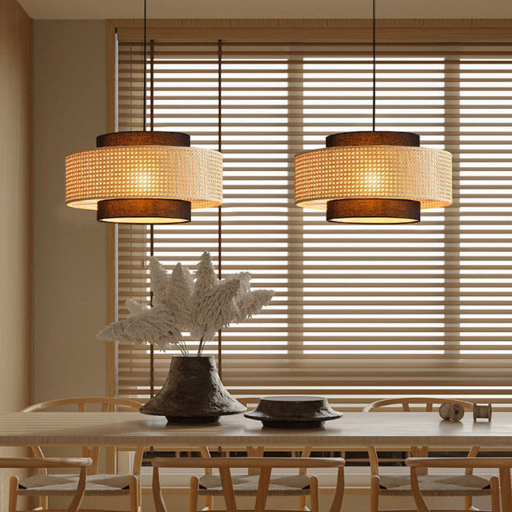rattan double drum pendants