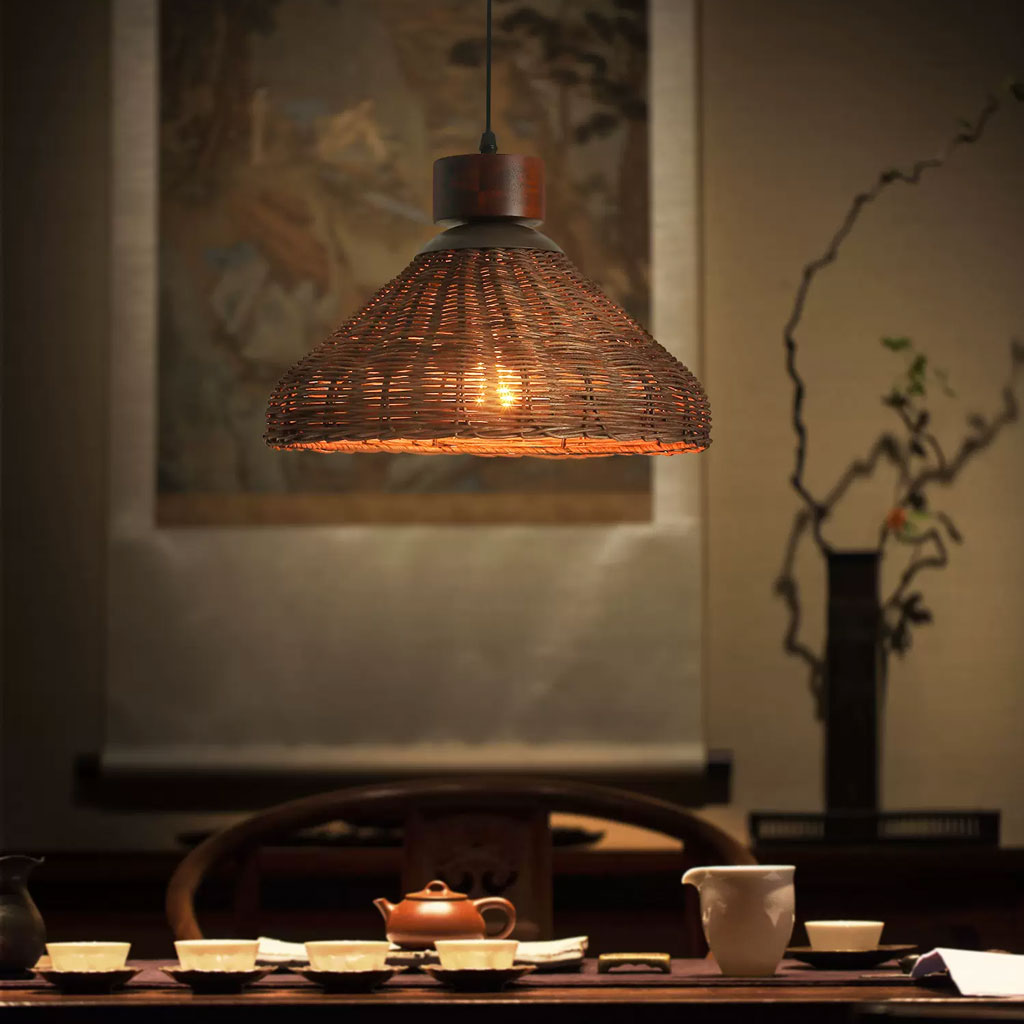 Hakka Conical Dark Brown Wicker Rattan Pendant Light