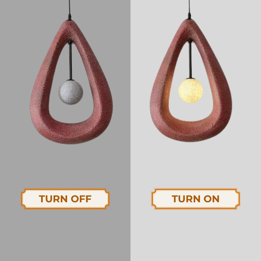 red brown wabi sabi modern teardrop hanging lamp when the light is on and off