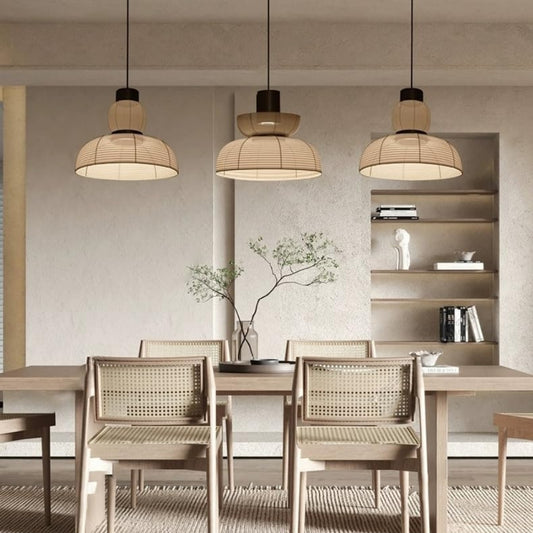 Set 3 Japanese wabi sabi fabric pendant light over dining table