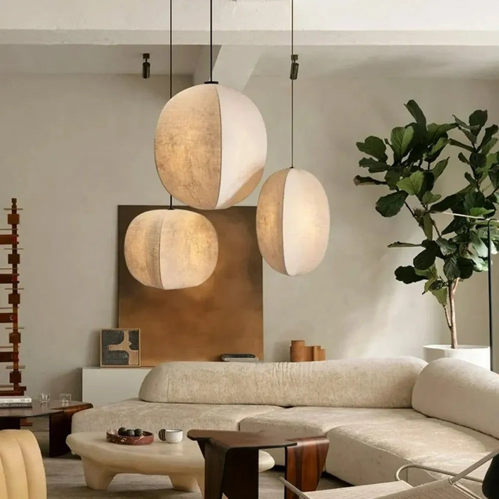 set 3 wabi sabi fabric lantern pendant light for living room