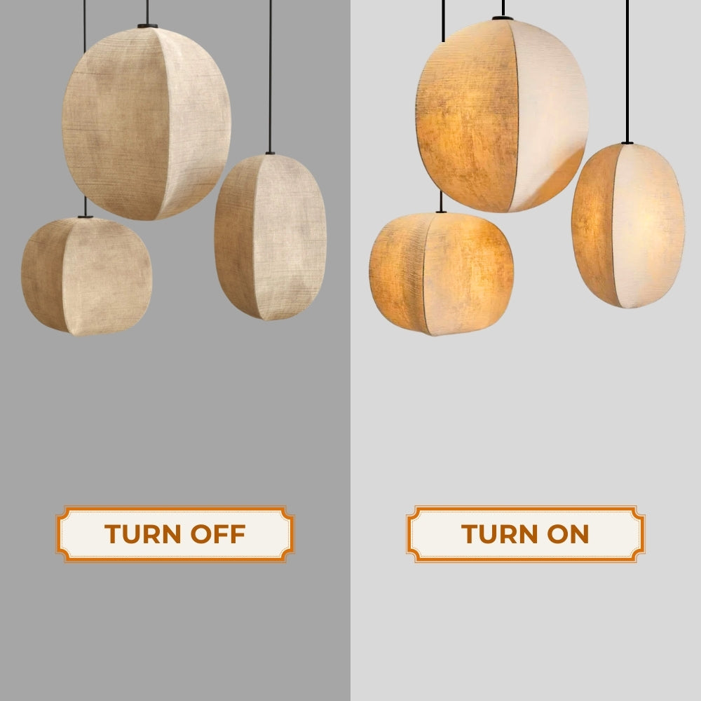 set 3 wabi sabi fabric lantern pendant light when the light are on and off