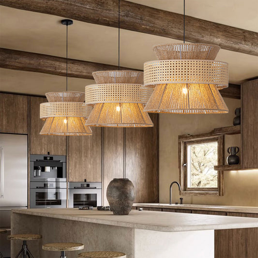 Nimes Hemp Rope Drum Rattan Pendant Lamp hanging over kitchen island