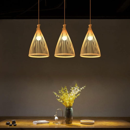 Rasri Small Cone Bamboo Pendant Light above the dining table