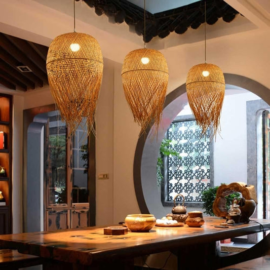 Tassel Bamboo Pendant Light hanging in dining room