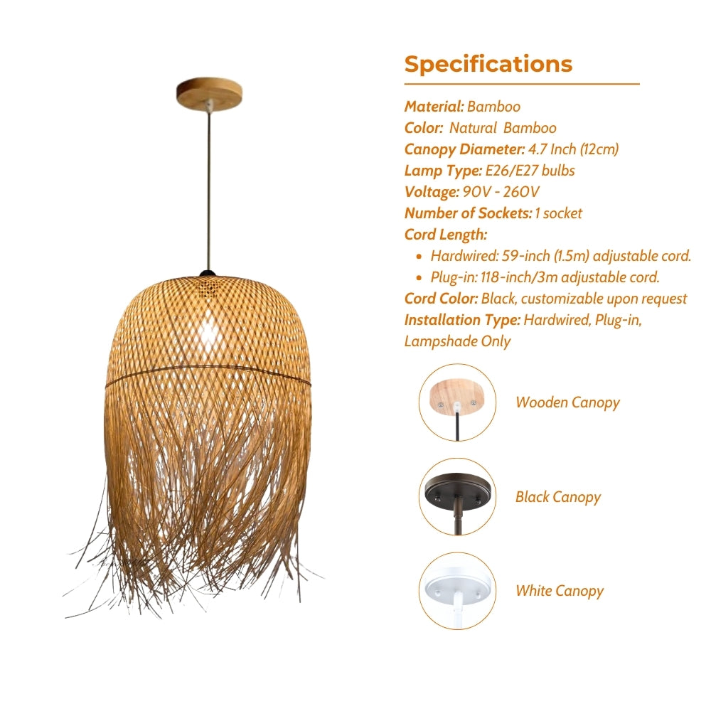 small woven bamboo fringe pendant light specifications