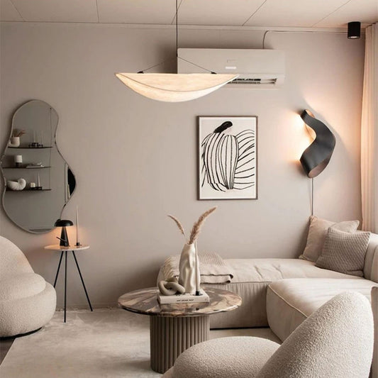 Tense Cloud Wabi Sabi Fabric hanging Light fixture over living room table