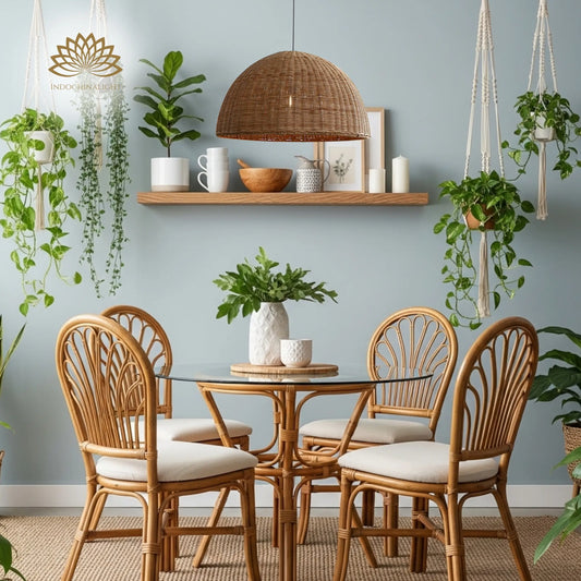 Thaely Dome Wicker Rattan Pendant Light hanging above dining table