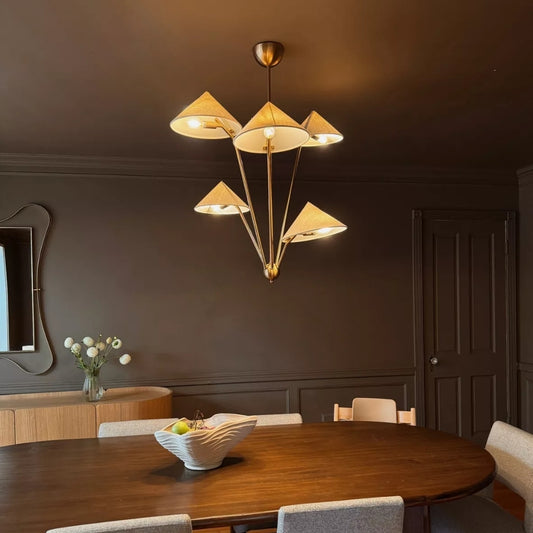 wabi sabi 5 arm fabric cone ceiling lamp over dining table