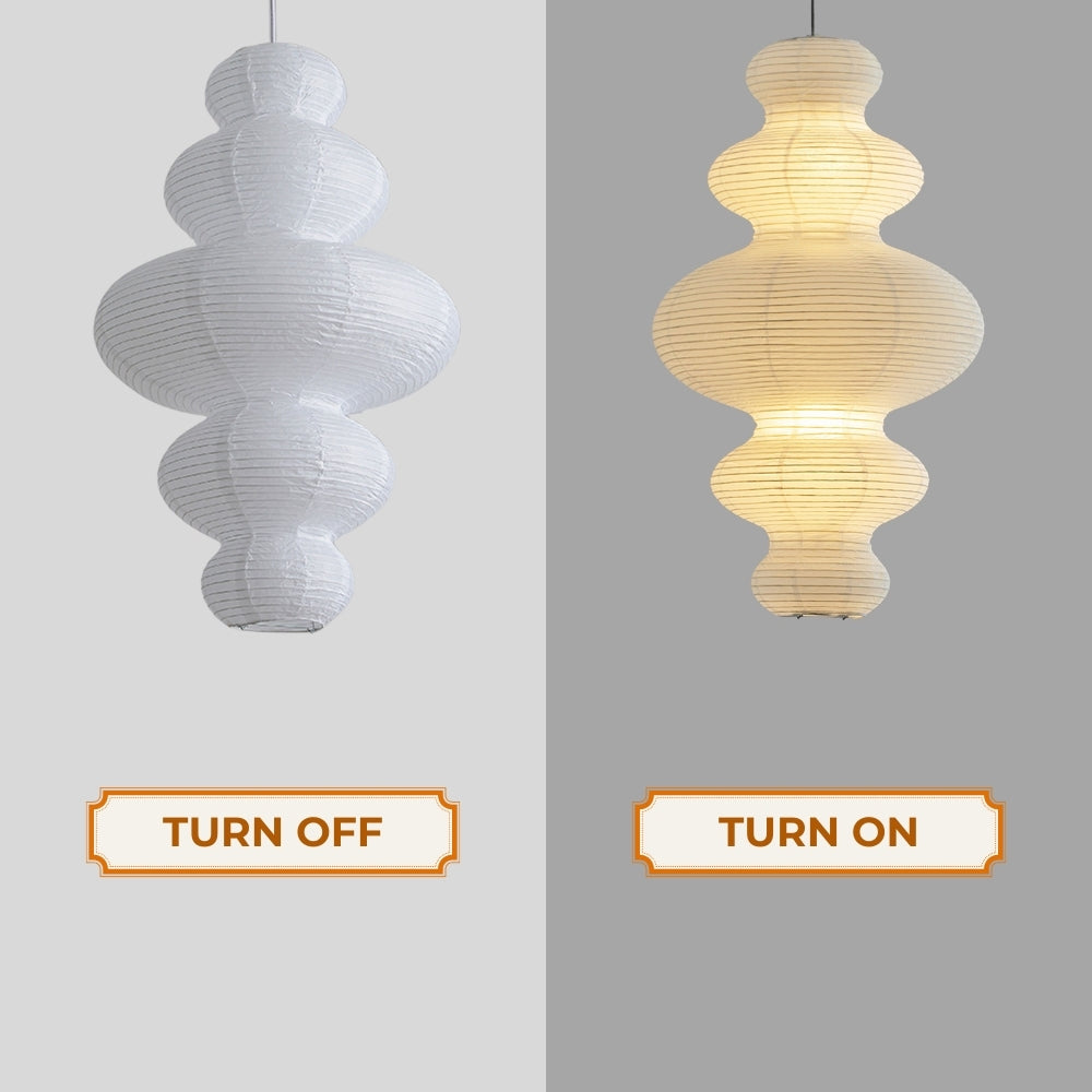 wabi sabi akari juni rice paper pendant light when the light is on and off