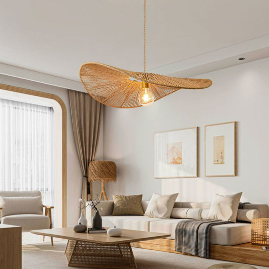 wabi sabi hemp rope pendant light hanging in living room