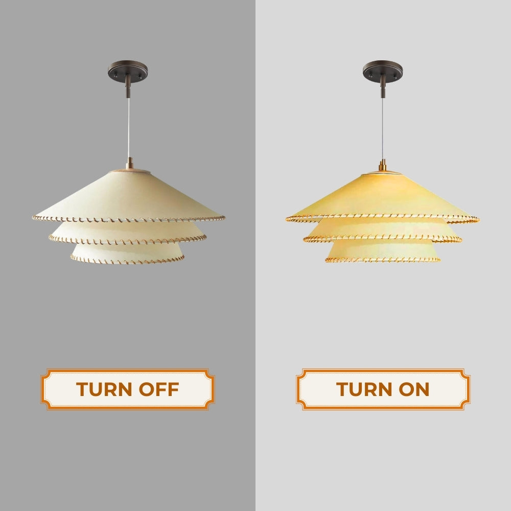 wabi sabi parchment 3 tier planas pendant lamp when the light on and off