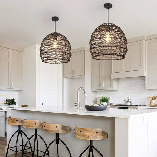 walmhomie black wicker rattan pendant light hanging on kitchen island