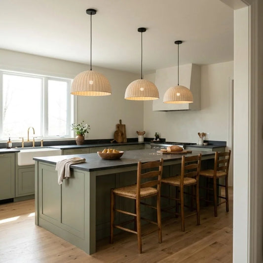 Three cream rattan dome pendant lights hung at the same height over a sage green kitchen island with a dark soapstone top