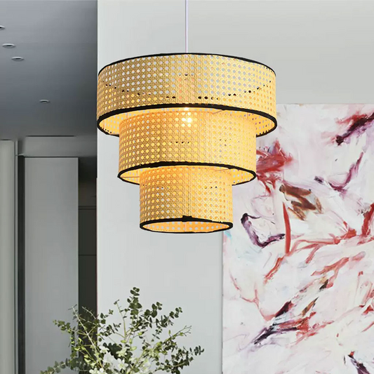 Modern Triple Drum Rattan Pendant Light