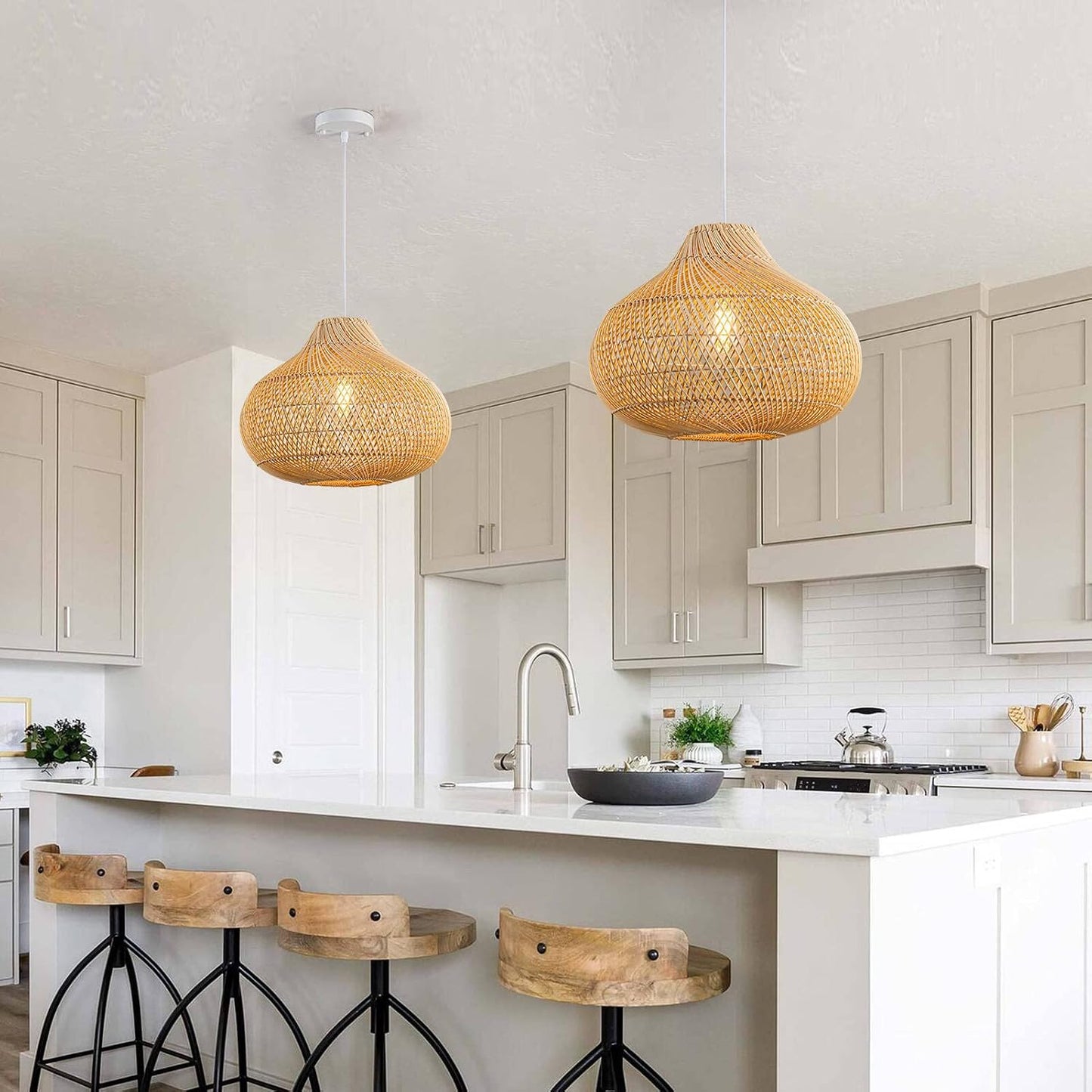 16 Inch Karjearl Boho Basket Rattan Pendant Light over Modern Kitchen Island