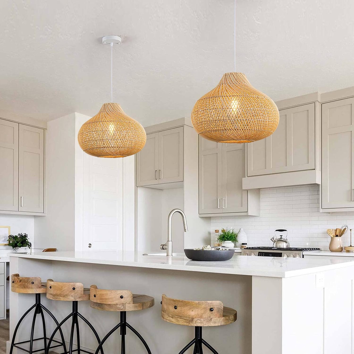 16 Inch Karjearl Boho Basket Rattan Pendant Light over Modern Kitchen Island