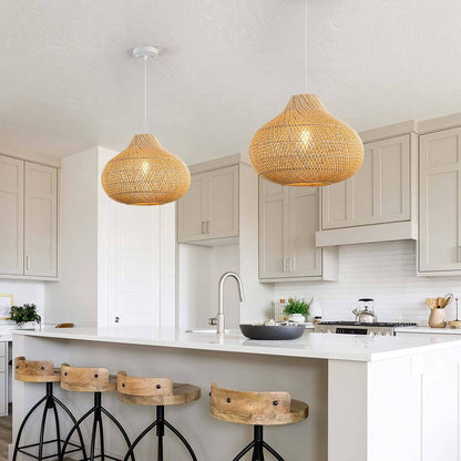 16 Inch Karjearl Boho Basket Rattan Pendant Light over Modern Kitchen Island