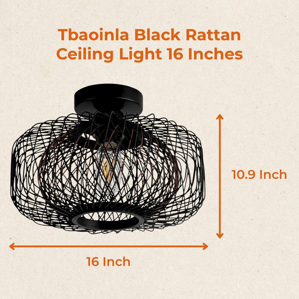 16 Inches Tbaoinla Black Rattan Ceiling Light