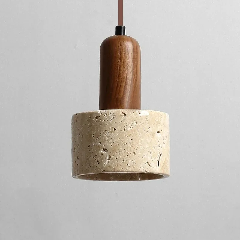 Ora Wabi Sabi Cylinder Travertine and Wood Pendant Light