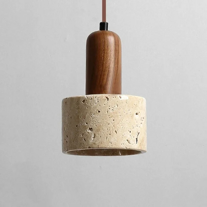 Ora Wabi Sabi Cylinder Travertine and Wood Pendant Light