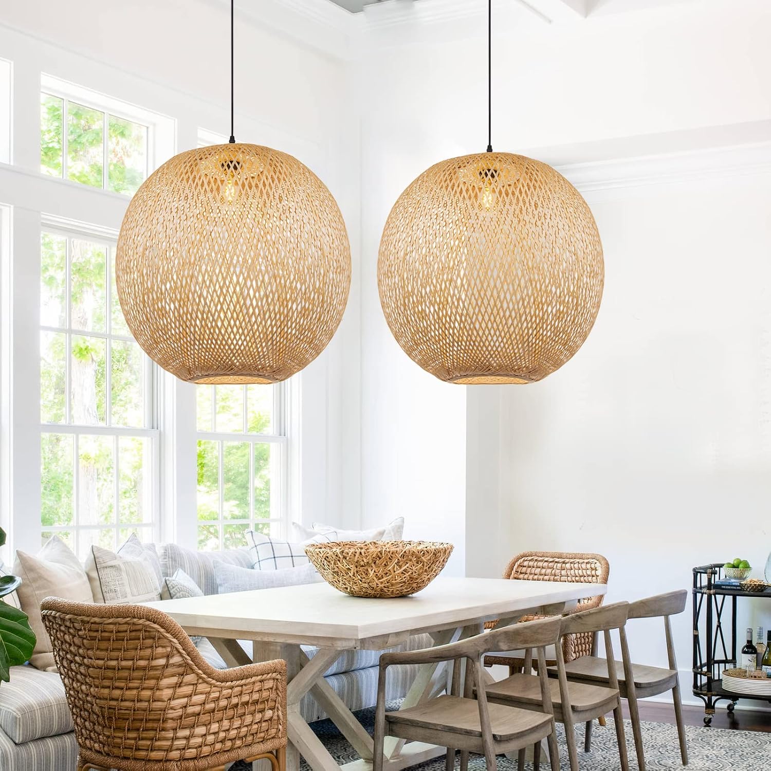 2 Lucy round bamboo pendant lights for dining room
