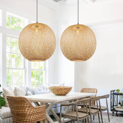 2 Lucy round bamboo pendant lights for dining room