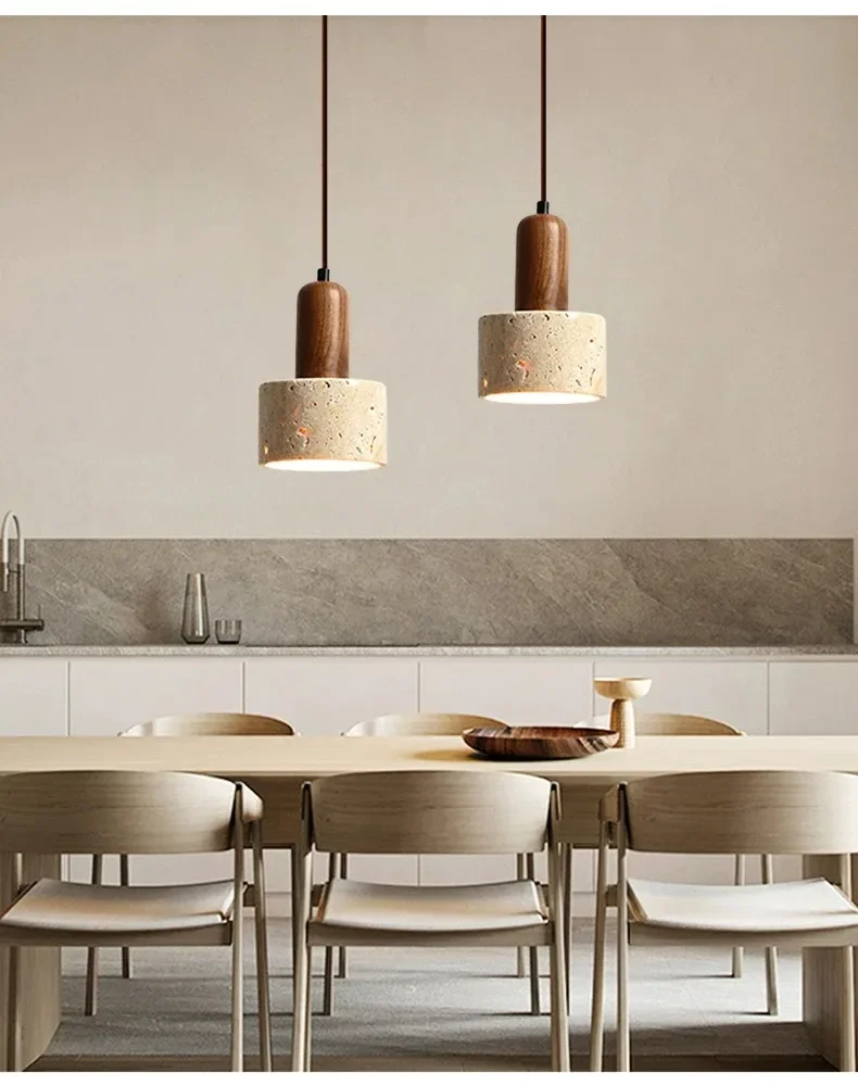 2 Ora Wabi Sabi Cylinder Travertine Stone Pendant Lights over Dining Table