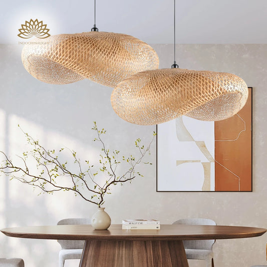 2 Pattranan Bamboo Woven Pendant Lights over Wabi Sabi Dining Table