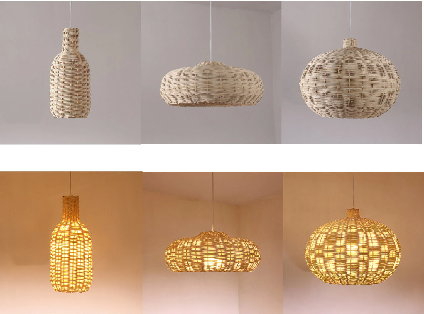 Set 3 Vintage Small Rattan Pendant Light Fixtures